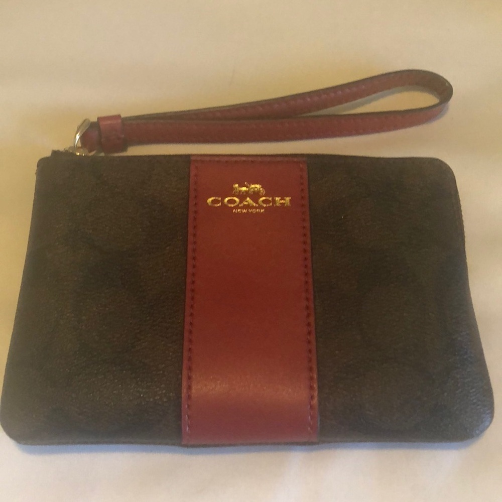 Coach Corner Zip Wristlet In Signature Canvas (Red/Brown)